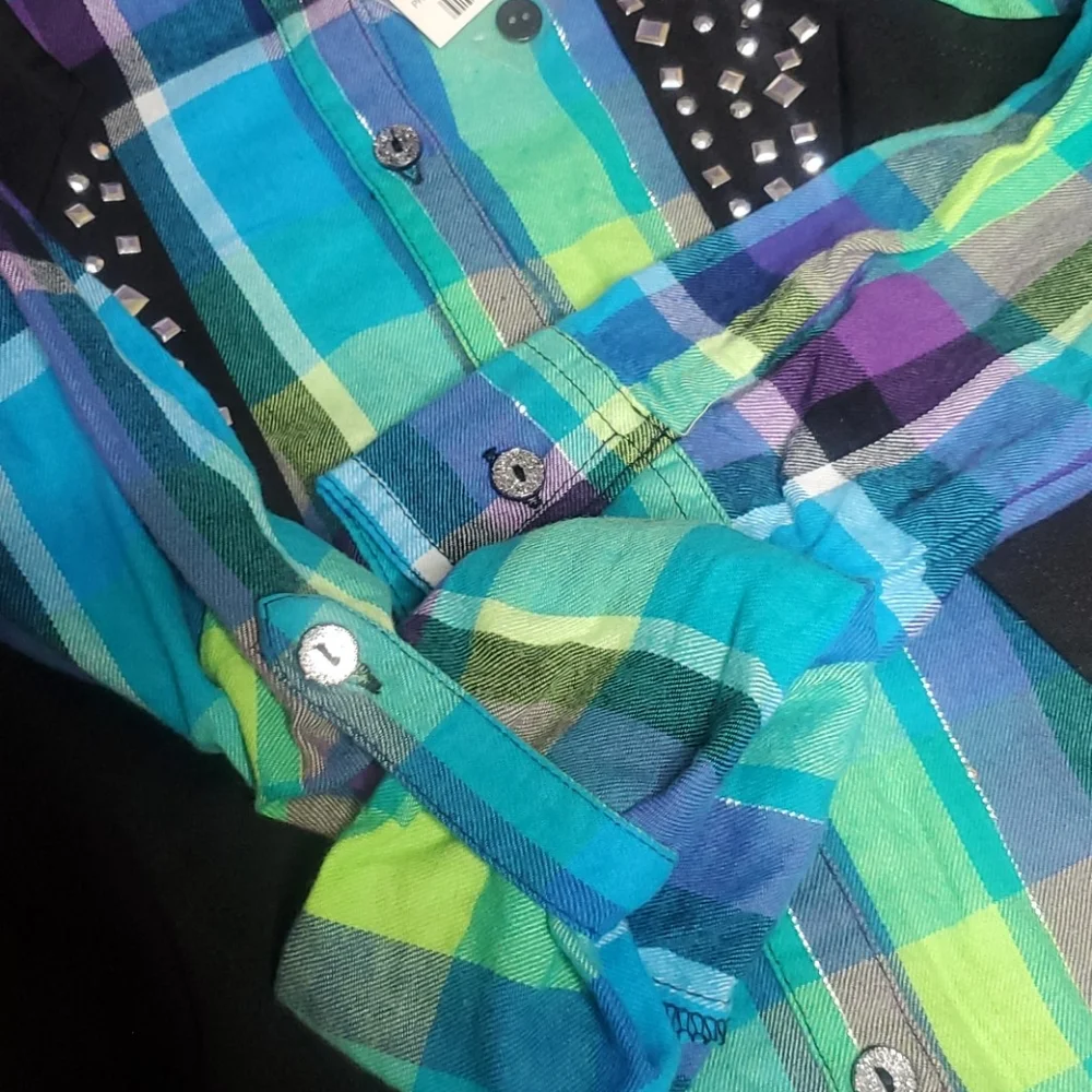 NWT Justice Button Up Plaid Top with Attached Vest